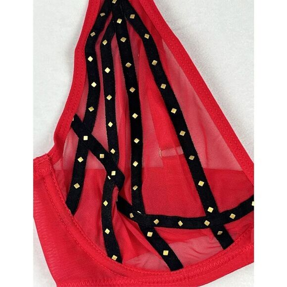 Frederick's Of Hollywood Women's Size 32F Red Rozlyn Mesh and Stud Red Bra - Picture 3 of 6